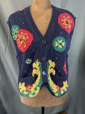 Vtg Chaus Sweater Vest L Navy Blue Beaded Ornament Scrollwork Cottagecore
